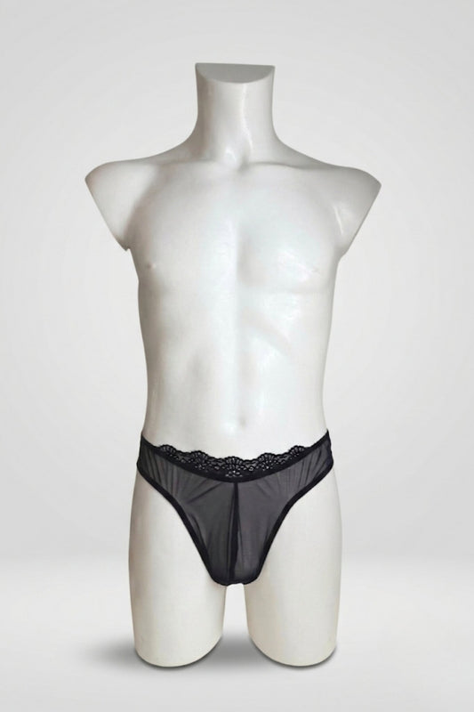 Black mesh and lace thong for men on mannequin - sheer mesh with scalloped lace waistband, front view