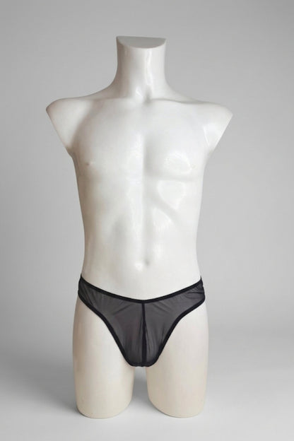 Sheer black mesh thong for men on mannequin - classic low-rise cut with slim waistband, front view