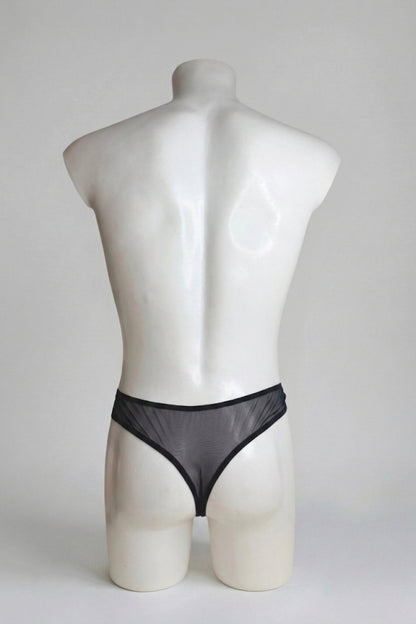 Back view of men's sheer black mesh thong - classic thong back with slim elastic waistband