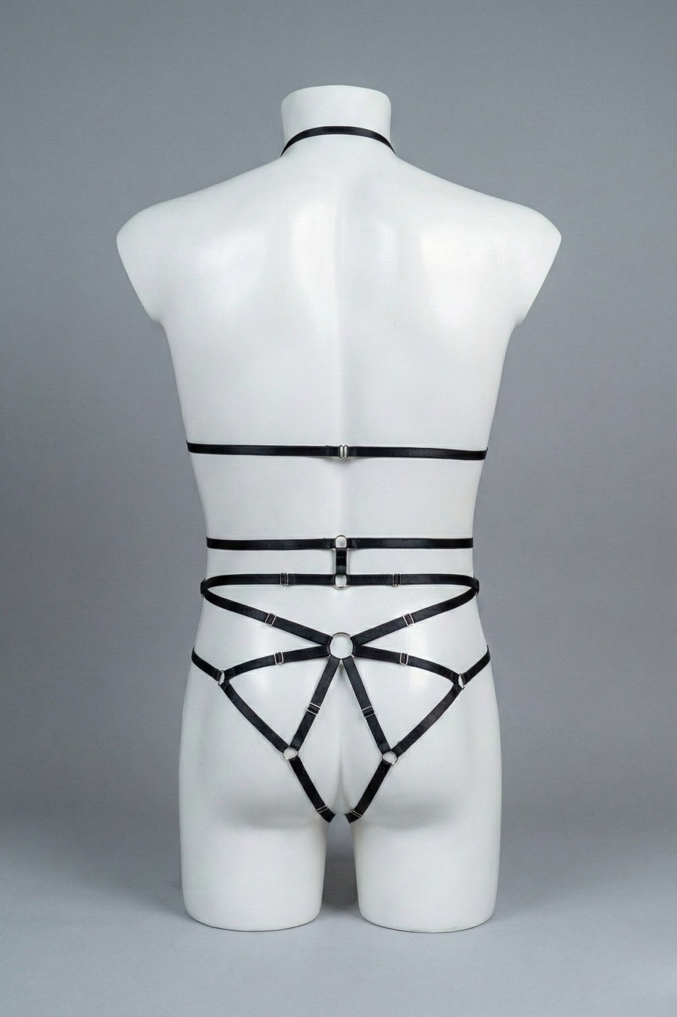 Back view of men's black strappy body harness set - crossing waist straps and open-frame back with o-rings