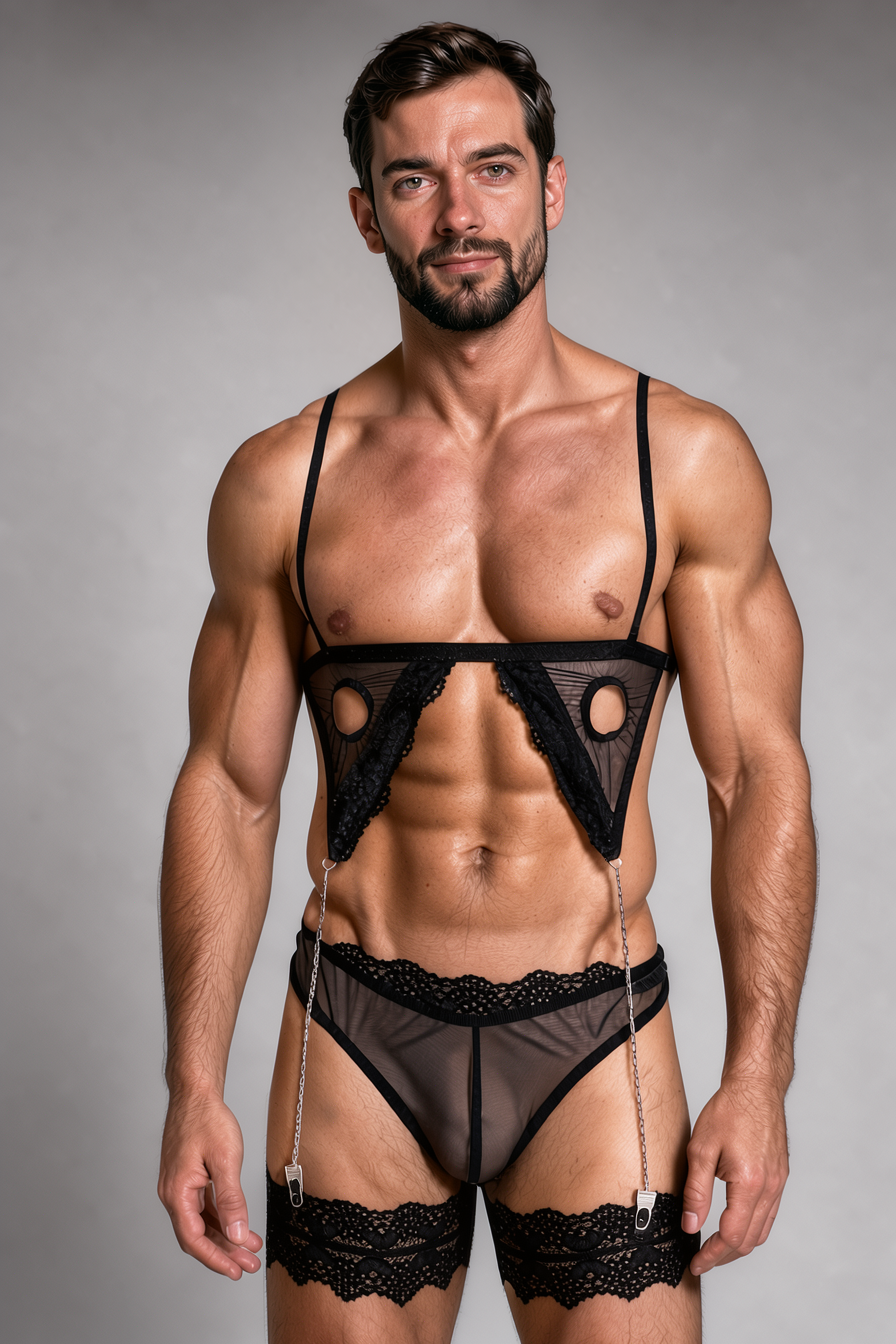 Black cage bra lingerie set for men worn by a model: sheer mesh bra with chains, mesh thong and lace thigh garters