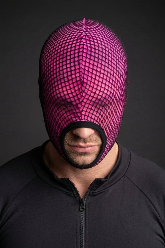 Man wearing hot pink fishnet balaclava - sheer mesh rave hood with open mouth window, front view
