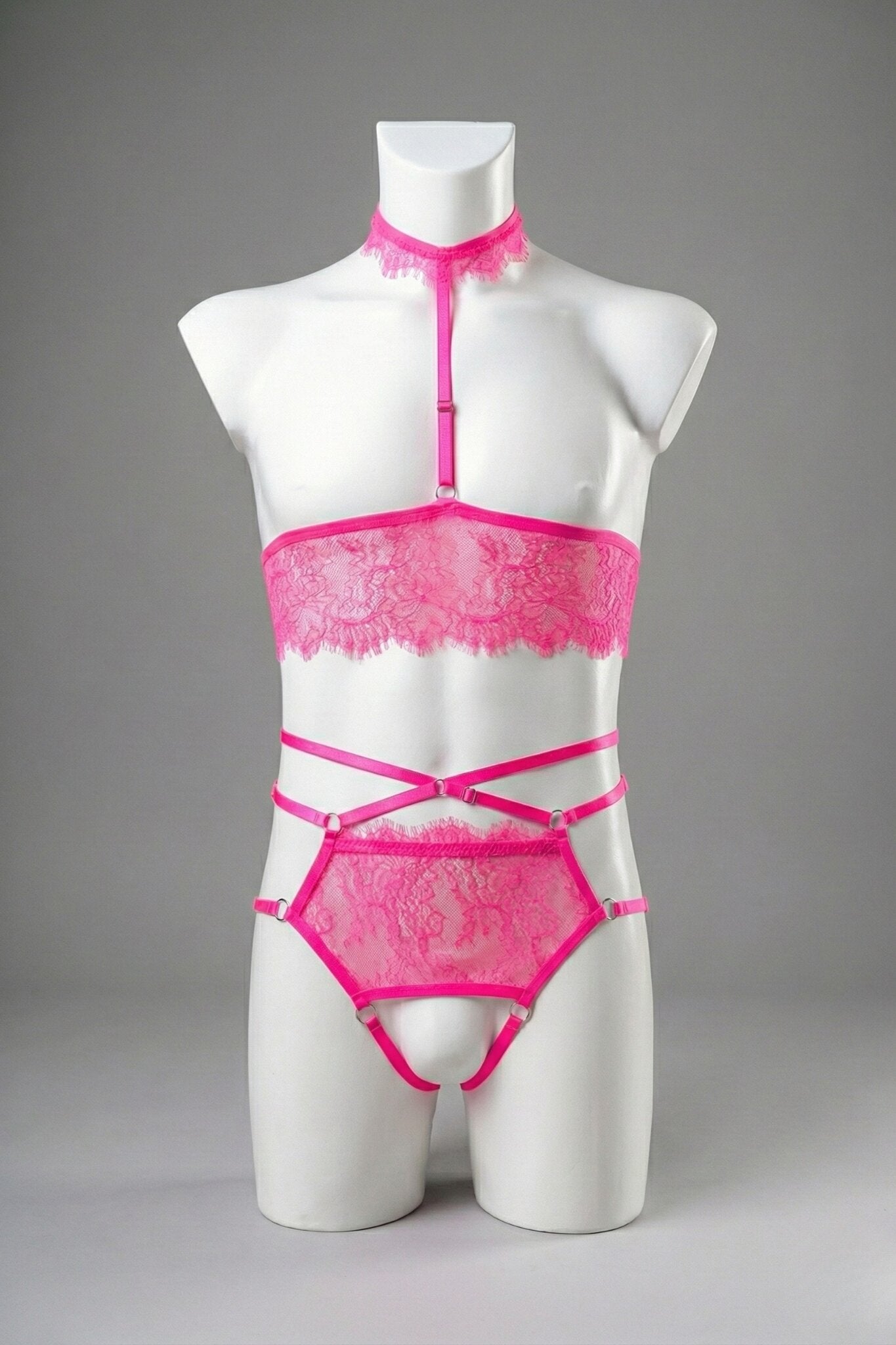 Hot pink lace ouvert lingerie set for men on mannequin - cupless bandeau top with lace choker and open panties, front view