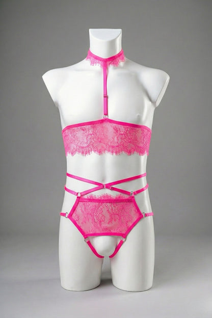 Hot pink lace ouvert lingerie set for men on mannequin - cupless bandeau top with lace choker and open panties, front view