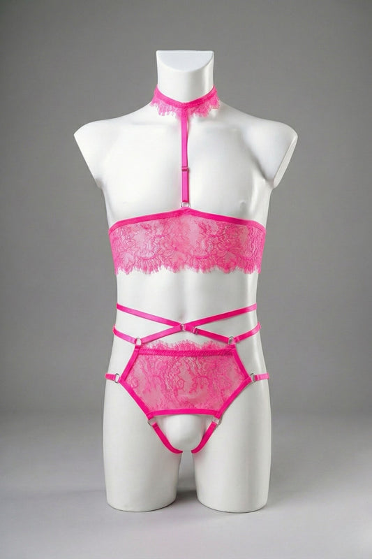 Hot pink lace ouvert lingerie set for men on mannequin - cupless bandeau top with lace choker and open panties, front view