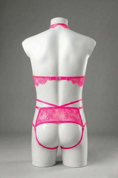 Back view of men's hot pink lace ouvert set - lace back panel, open cut and adjustable straps