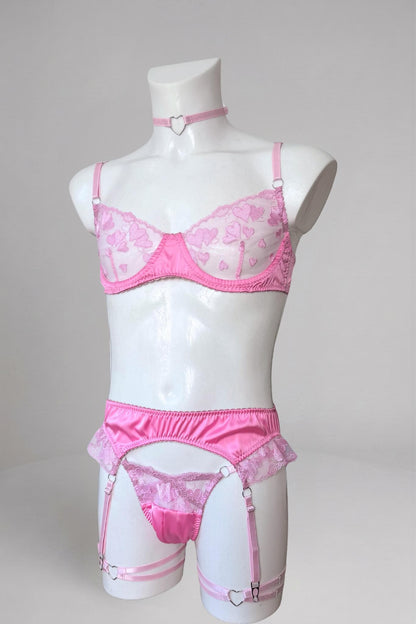 Pink heart lace lingerie set for men - front view: sheer heart bra, satin garter belt, thong and heart choker