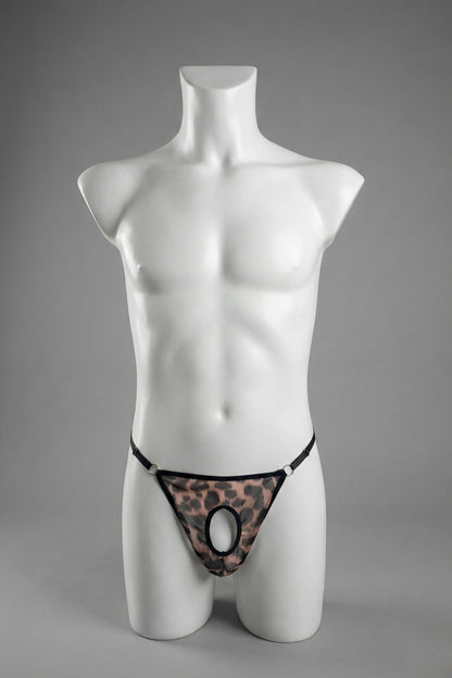 Leopard print mesh ouvert thong for men on mannequin - peekaboo front opening with black trim and silver o-rings