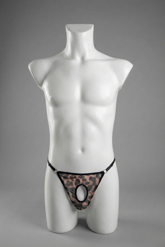 Leopard print mesh ouvert thong for men on mannequin - peekaboo front opening with black trim and silver o-rings