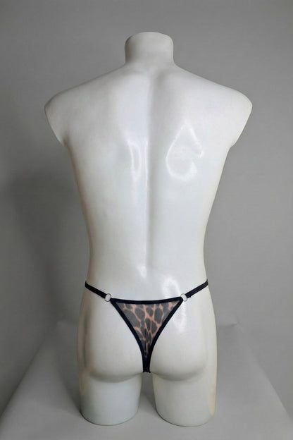 Back view of men's leopard mesh thong - classic thong back with adjustable black waist straps