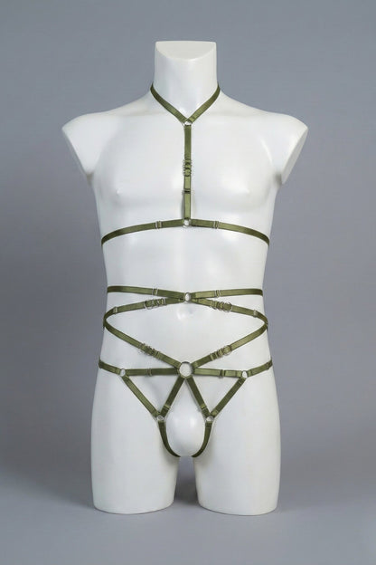 Olive green strappy body harness set for men on mannequin - choker harness top and open-frame harness bottom with silver o-rings, front view