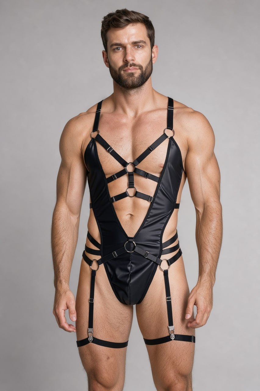 Black vegan leather harness bodysuit with garter belt on a male model: deep V front, O-ring straps and thigh bands