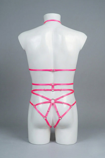 Back view of men's pink strappy body harness set - crossing waist straps and open-frame back with o-rings