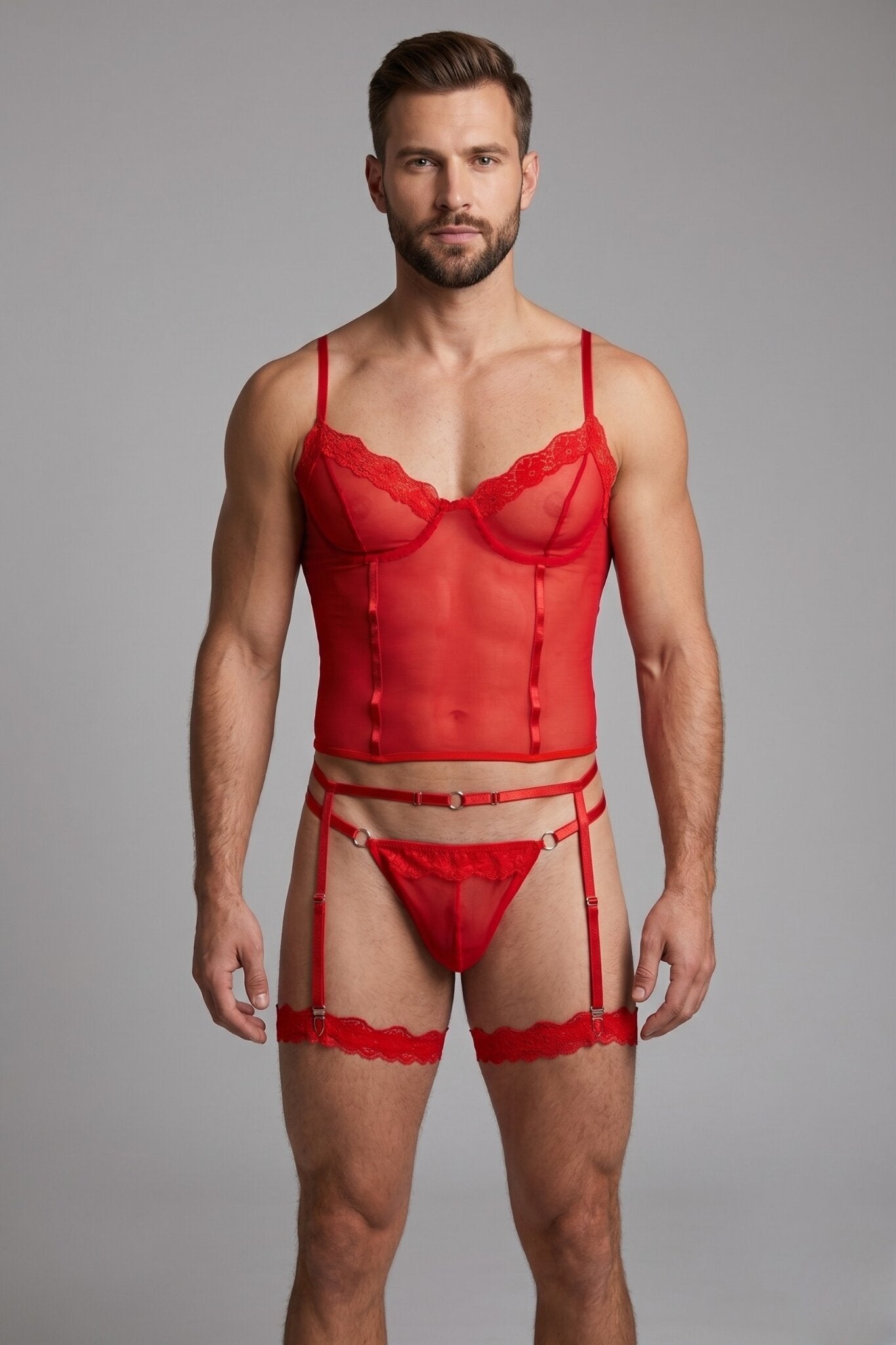 Man wearing red mesh corset top lingerie set for men - sheer cami top, thong, garter belt and lace leg garters by Fire Pony