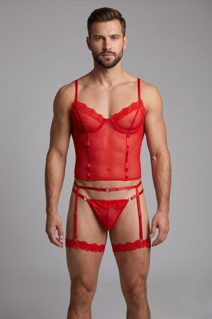 Man wearing red mesh corset top lingerie set for men - sheer cami top, thong, garter belt and lace leg garters by Fire Pony