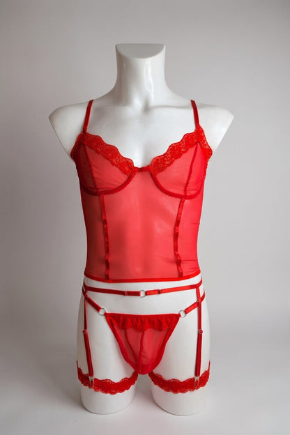 Red corset-style mesh top set for men on mannequin - lace trim top, thong and garter belt, front view