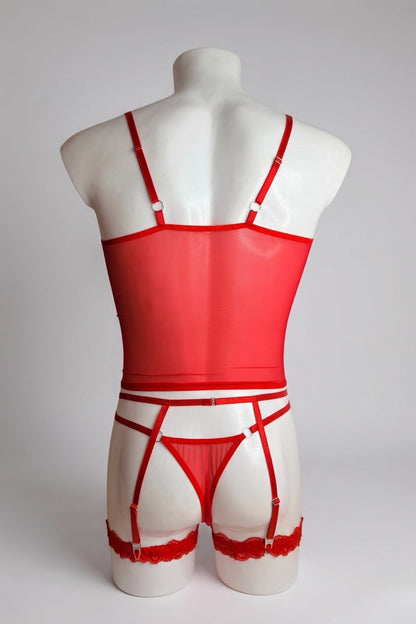 Back view of men's red mesh corset top set - sheer top, thong back and adjustable suspender straps