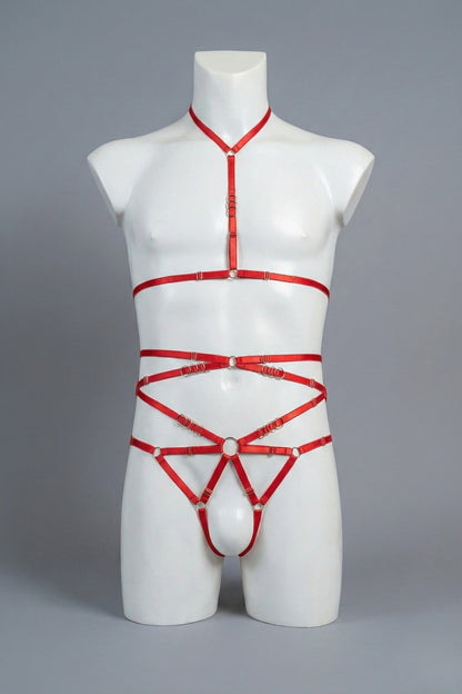Red strappy body harness set for men on mannequin - choker harness top and open-frame harness bottom with silver o-rings, front view