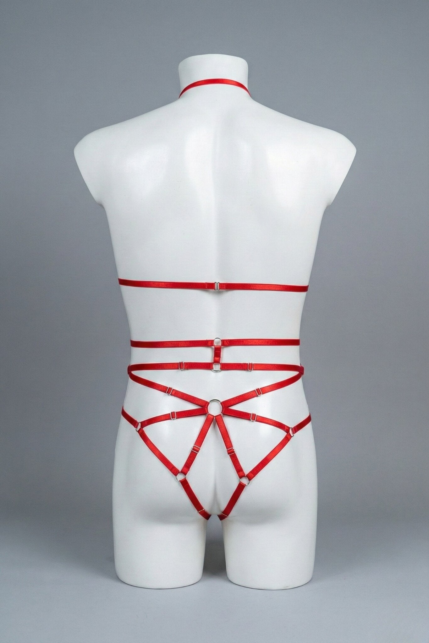 Back view of men's red strappy body harness set - crossing waist straps and open-frame back with o-rings