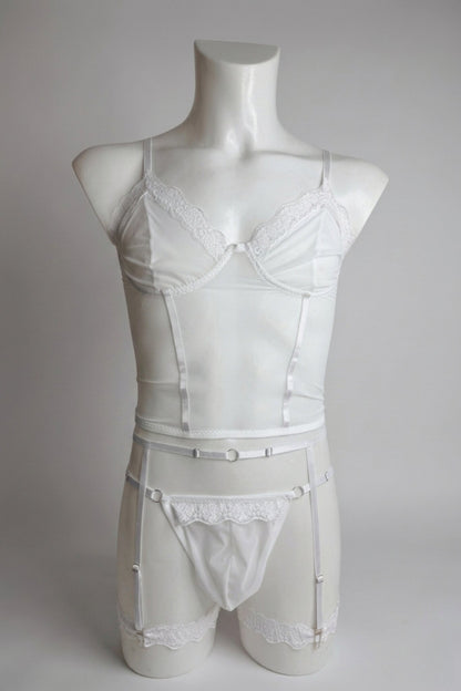 White corset-style mesh top set for men on mannequin - lace trim top, thong and garter belt, front view