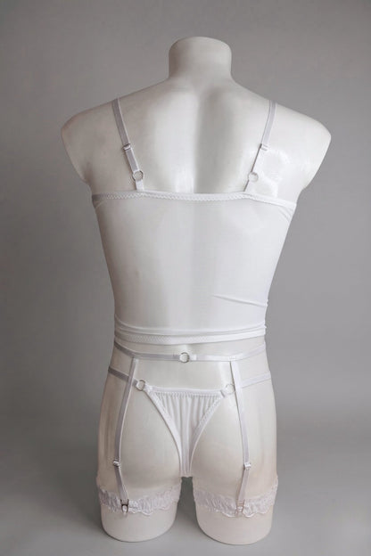 Back view of men's white mesh corset top set - sheer top, thong back and adjustable suspender straps