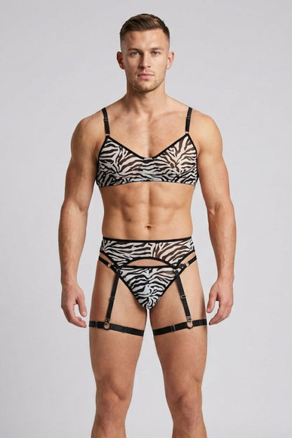 Man wearing sheer zebra print mesh lingerie set for men - bra, thong, garter belt and leg garters by Fire Pony